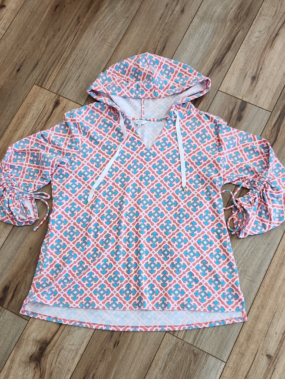 crown & ivy Nautical Turquoise & Coral Geometric Hooded BeachTunic Size XL